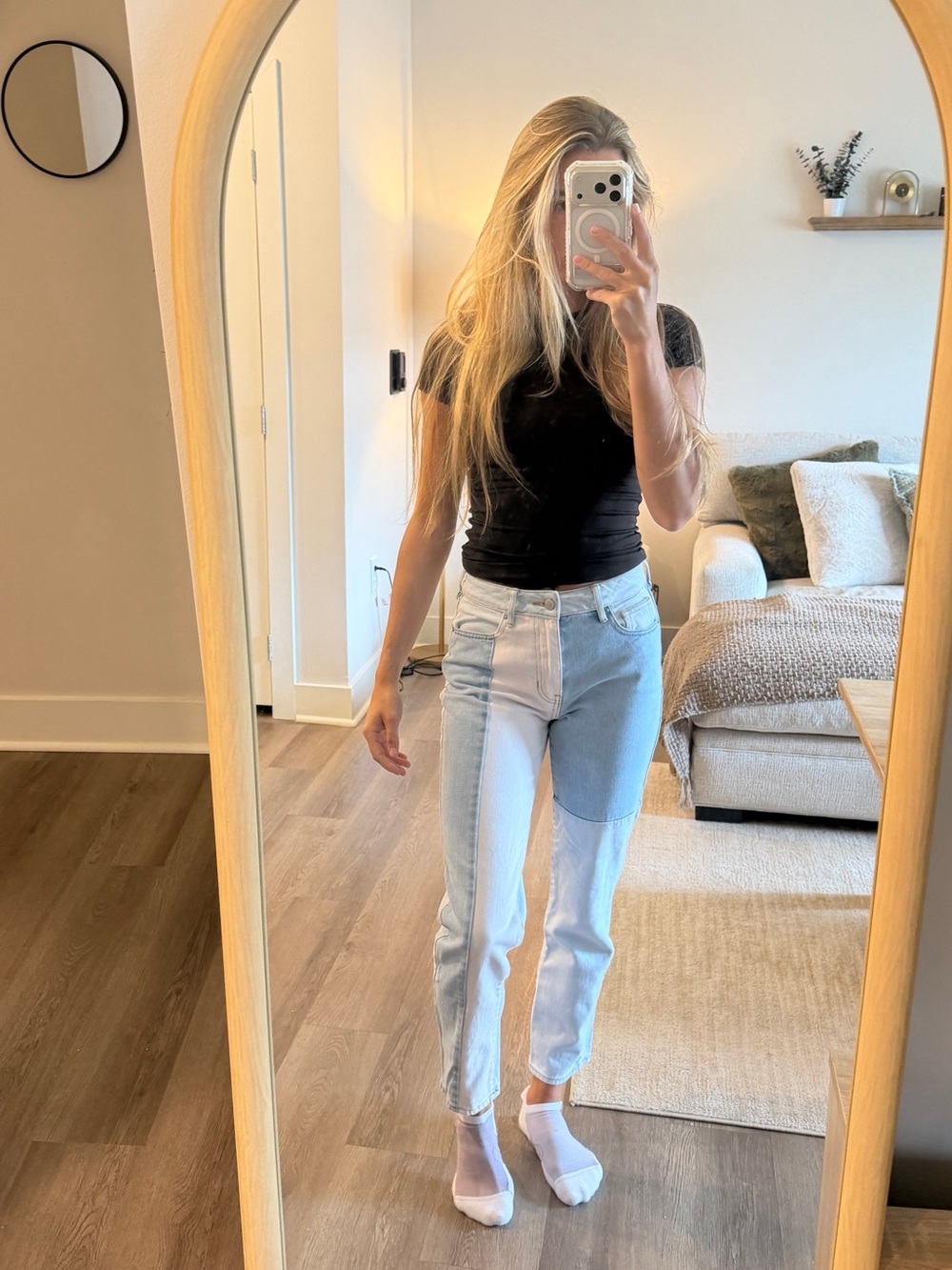 PacSun Women’s Two-Tone Light Blue Patchwork Straight Leg Jeans